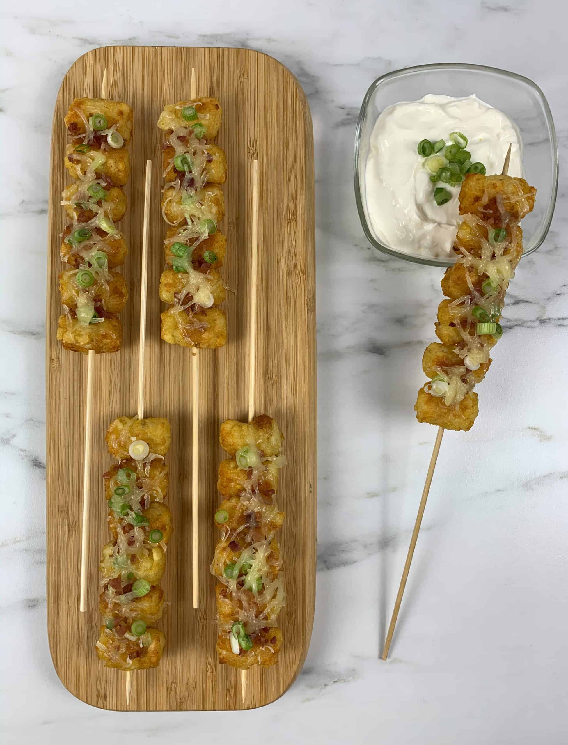 Cooked Loaded Tater Tot Skewers