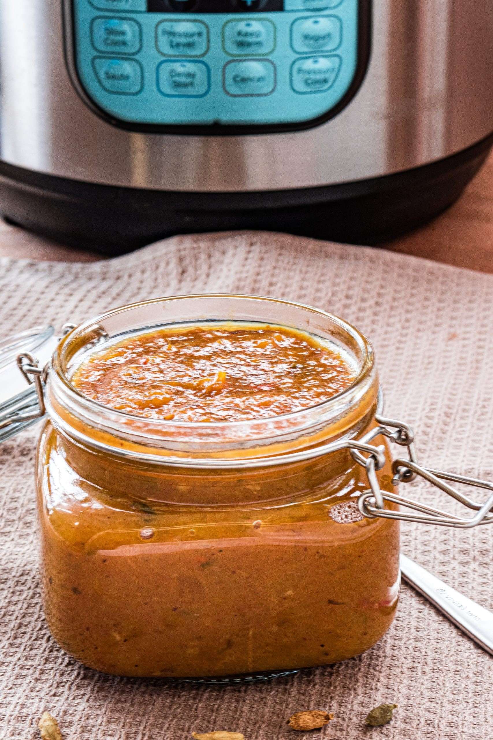 Instant Pot Spicy Mango Chutney in container