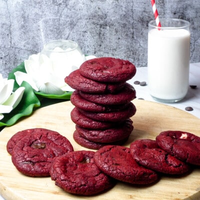 red velvet chocolate chip cookies on a plate