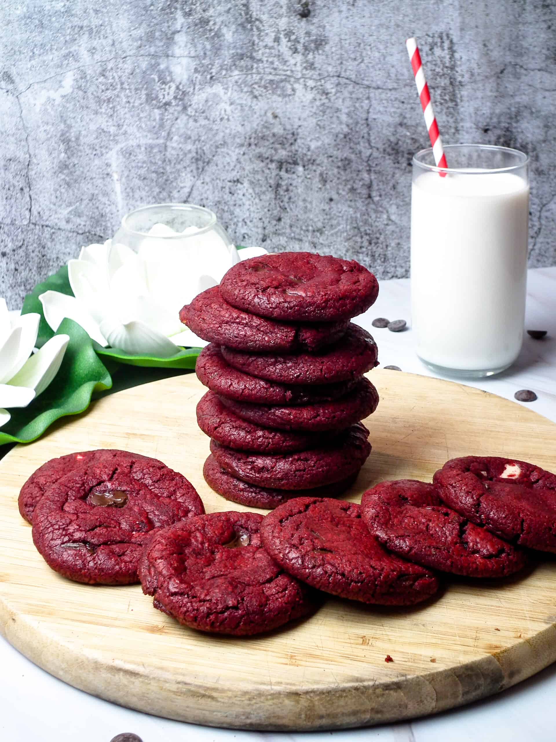 red velvet chocolate chip cookies on a plate