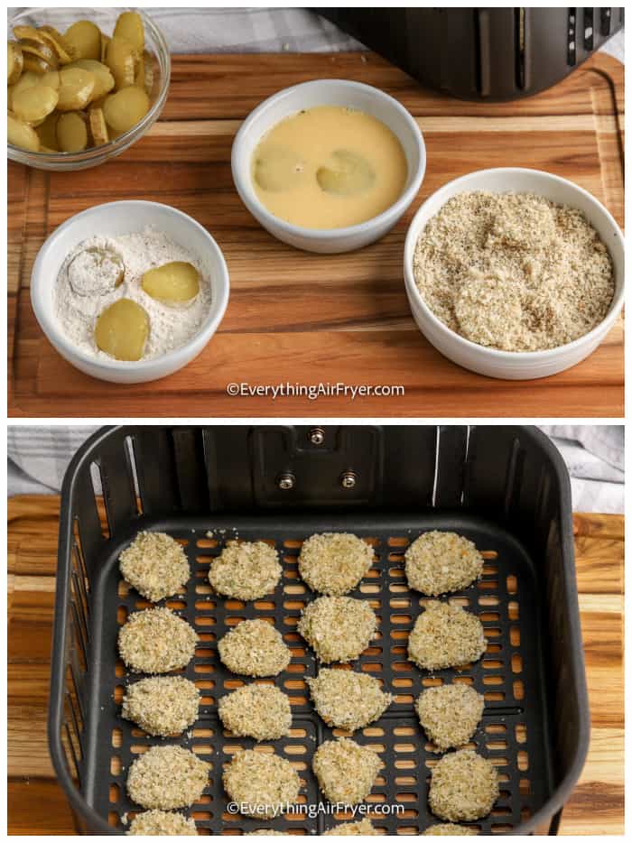 two images showing the process of making air fryer dill pickle chips