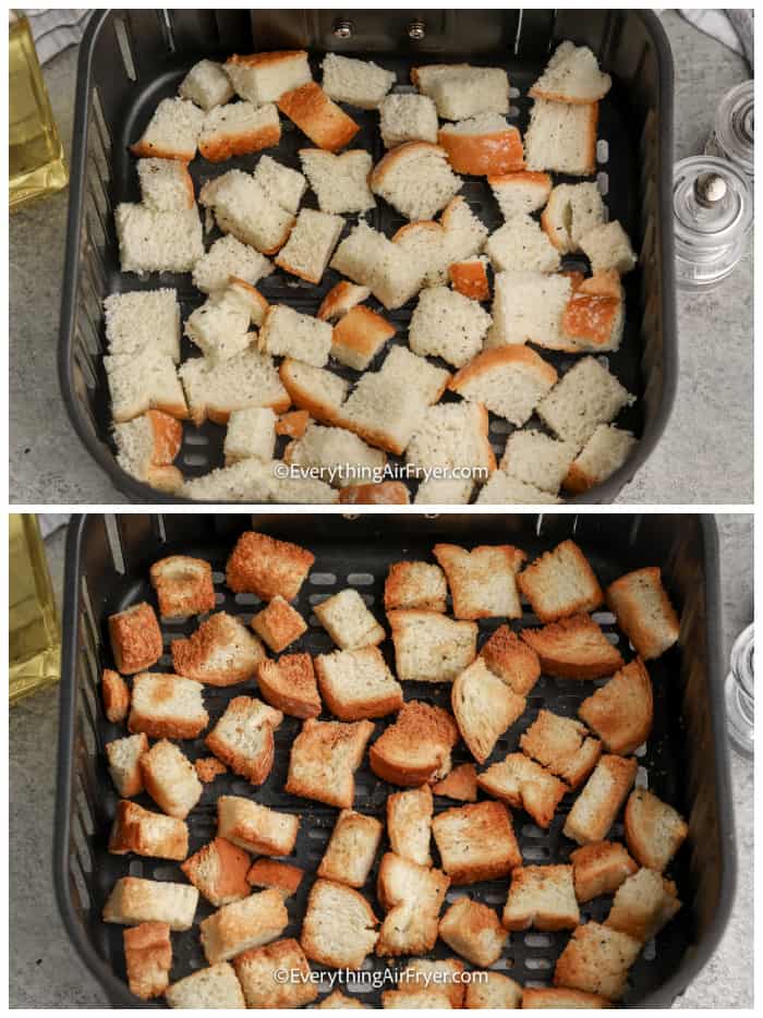 cooked bread cubes in an air fryer tray