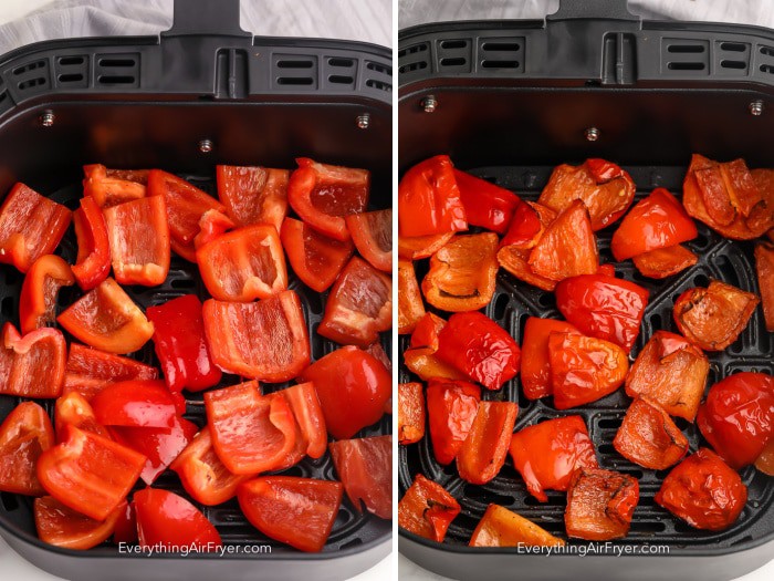 Uncooked and cooked bell peppers in the air fryer basket