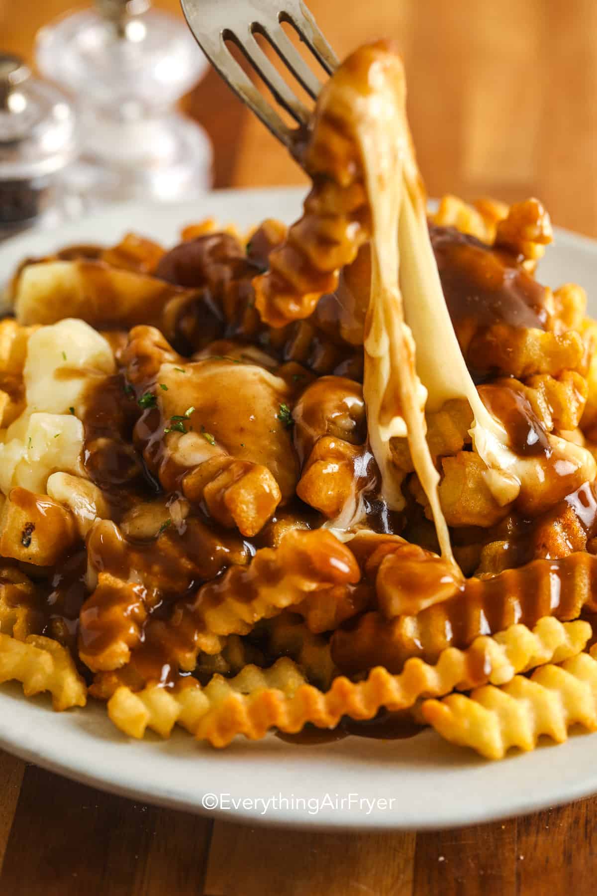 a fork full of cheesy poutine