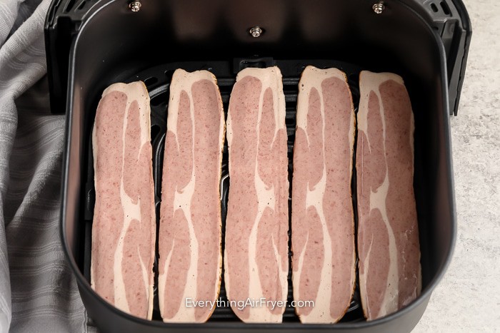 5 strips of uncooked Turkey Bacon in the air fryer