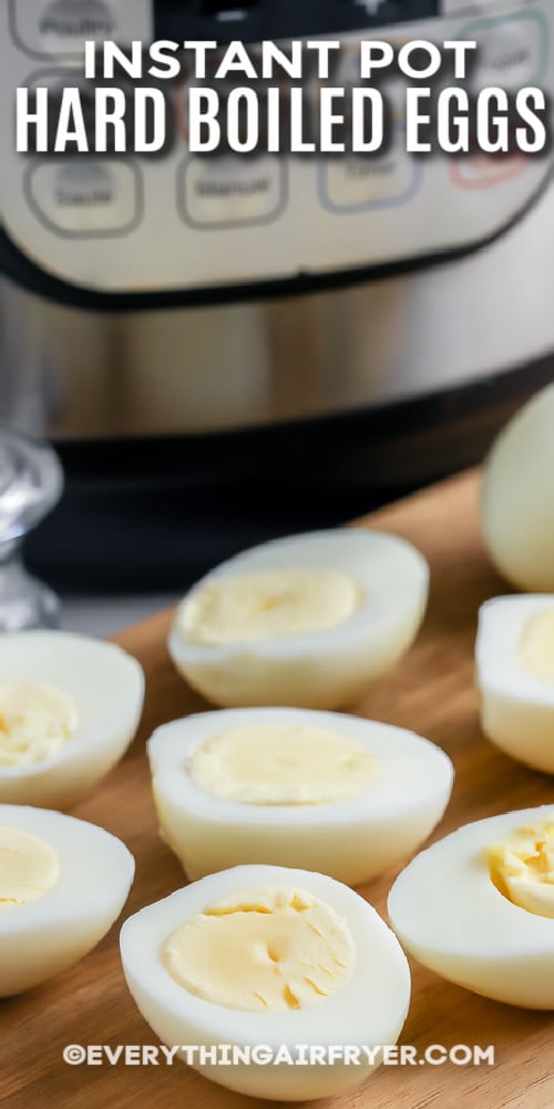 Hard boiled eggs sliced in half with text
