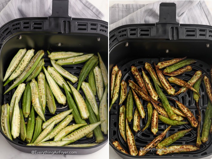 okra before and after being cooked in an air fryer