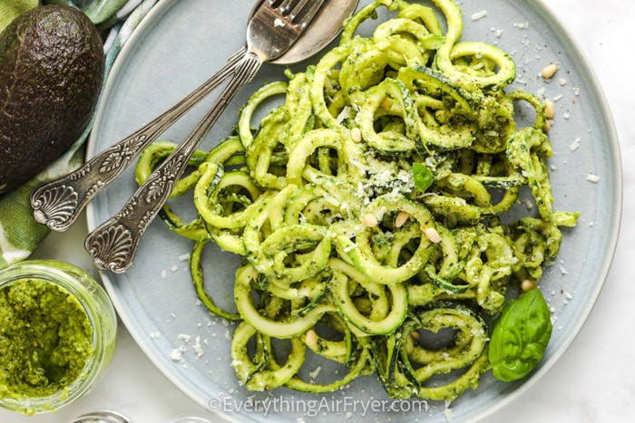 top view of Avocado Pesto Zoodles on a plate