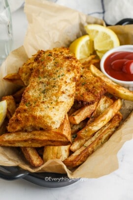 Air Fryer Fish and Chips in a basket
