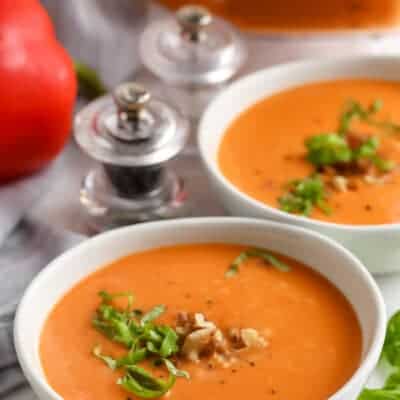 Roasted Red Pepper Soup in two white bowls