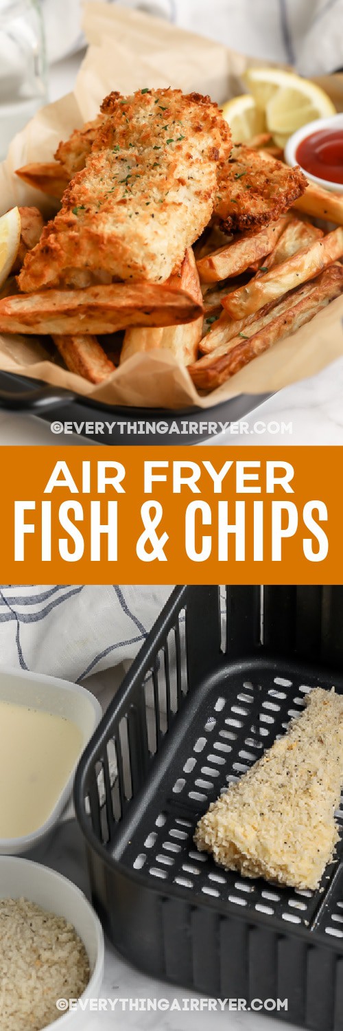 fish and chips in a basket and battered fish in an air fryer with text