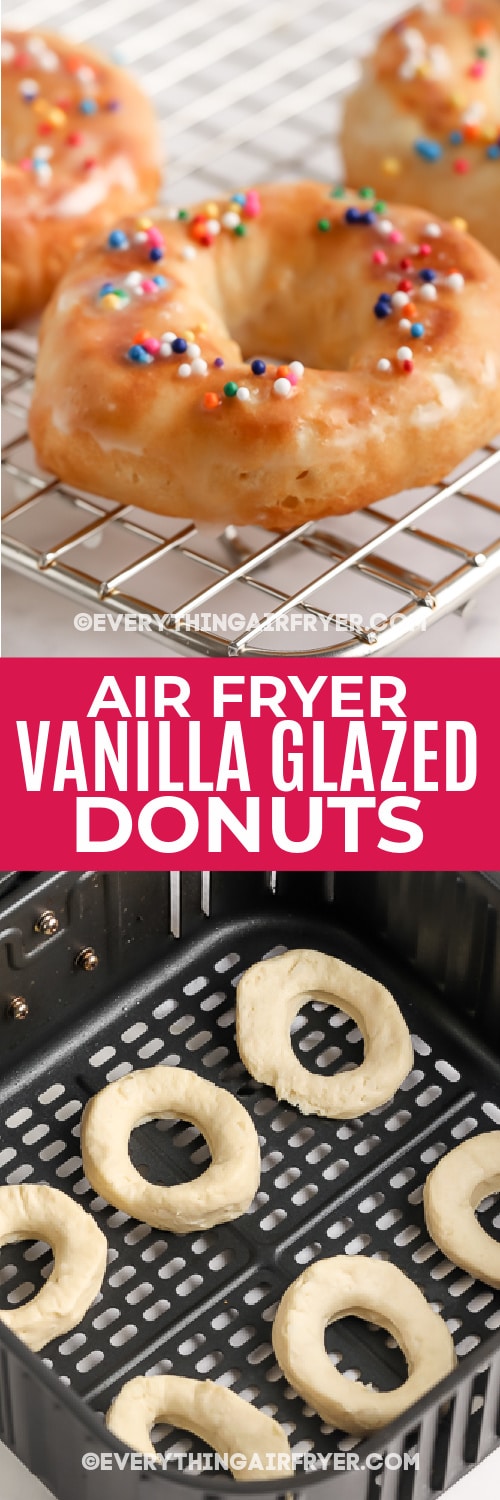 Air Fryer Vanilla glazed Donuts and batter with text