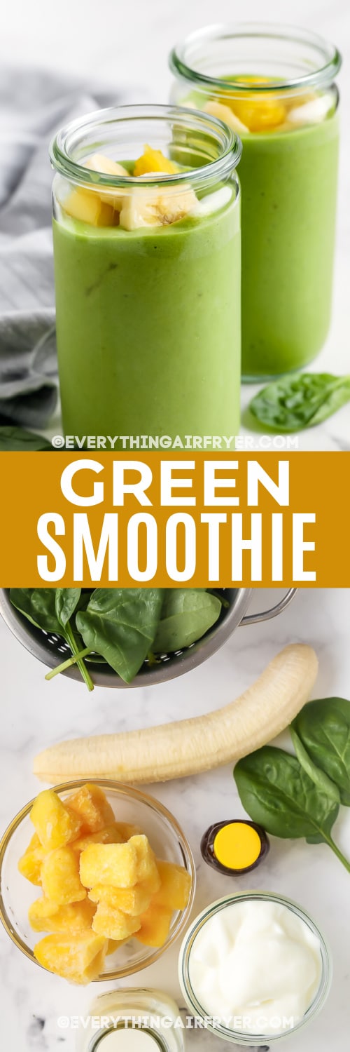 Green Smoothie in glasses and ingredients with text