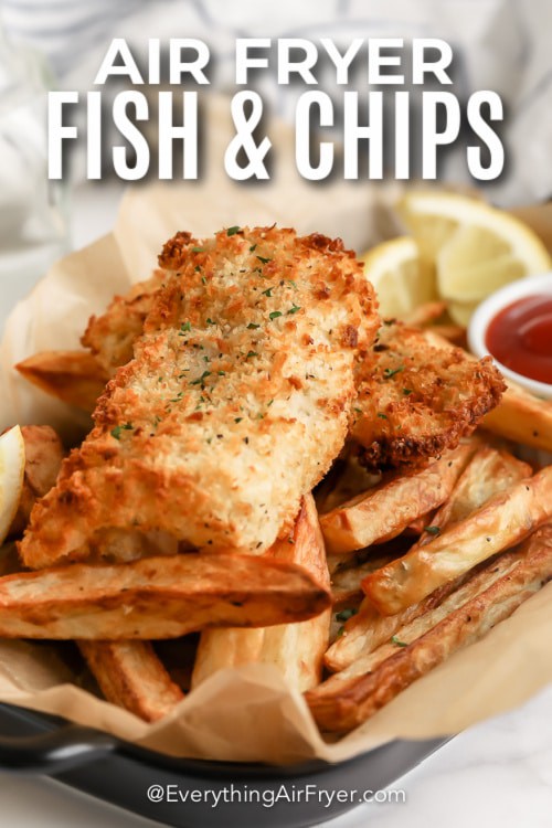 fish and chips in a basket with text
