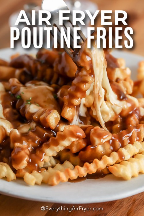 Air Fryer Poutine on a plate with text