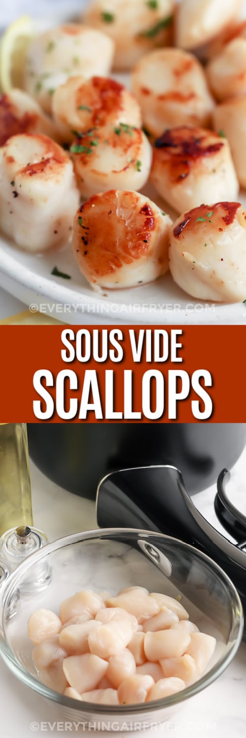 top image - Sous Vide Scallops. Bottom image - Sous Vide Scallops ingredients with text