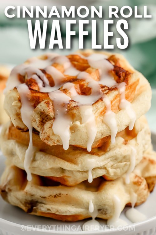 A stack of 3 cinnamon roll waffles with text.