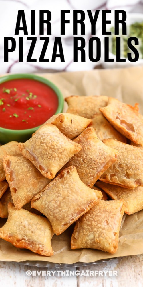 Pizza rolls in the air fryer on a plate with writing
