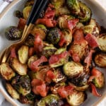 A serving dish of air fryer brussels sprouts with bacon
