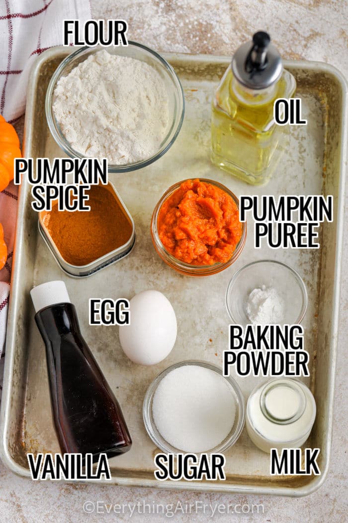 Air Fryer Pumpkin Spice Muffins ingredients with labels