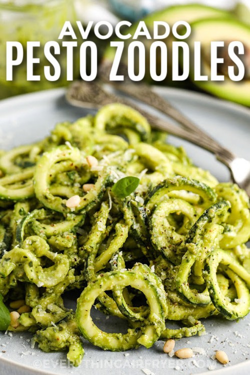 plated Avocado Pesto Zoodles with writing