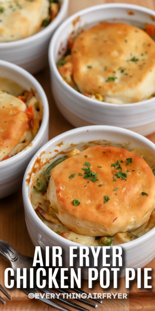 Air Fryer Chicken Pot Pies with writing