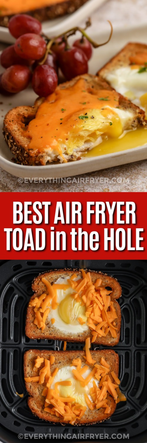 Top image - Air Fryer toad in the hole on a plate. Bottom image - toad in the hole in an air fryer basket with writing.