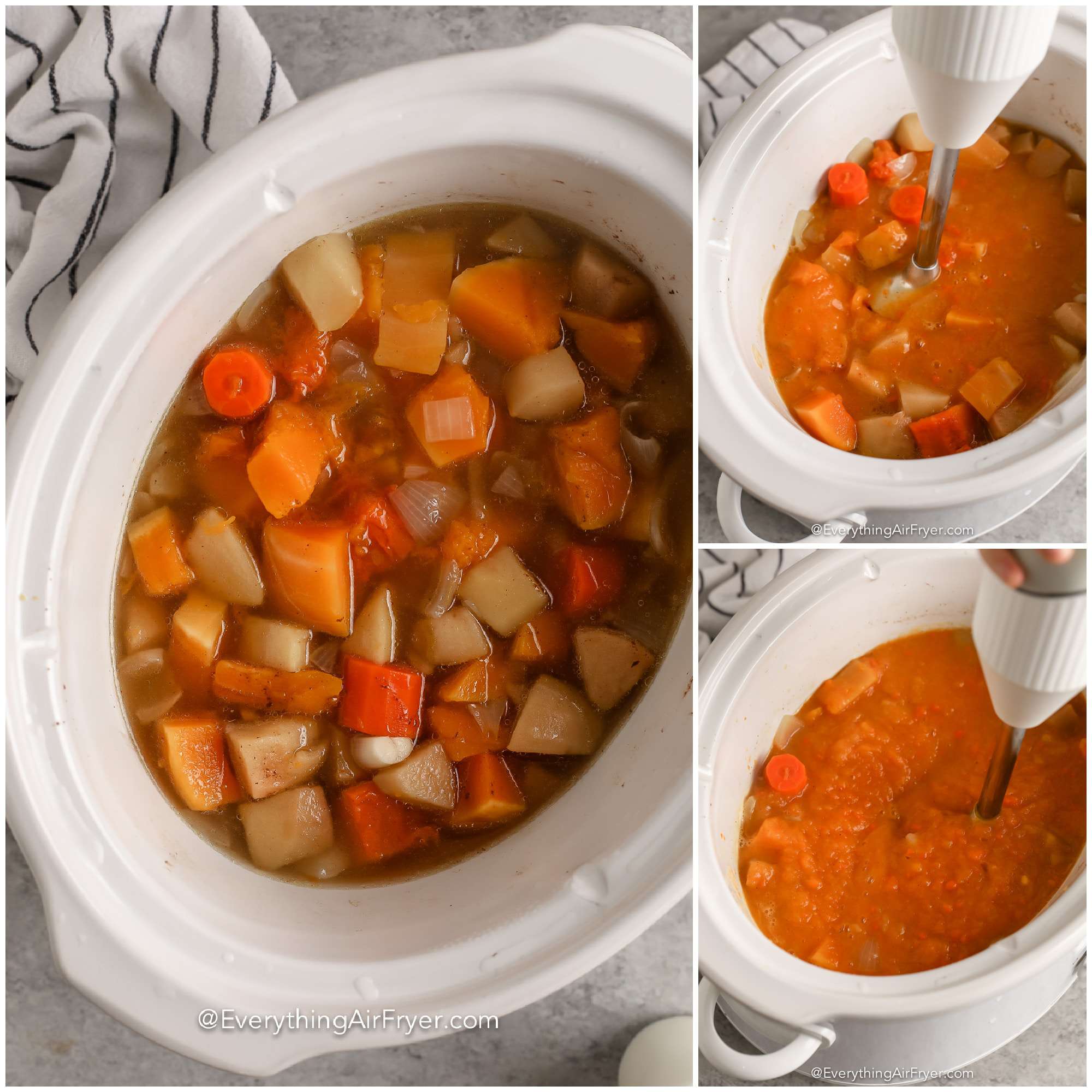 Three images showing the steps to blend Crockpot Butternut Squash Soup with an immersion blender