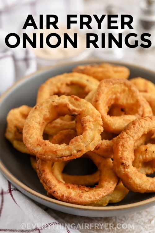 A bowl of Air Fryer Onion Rings with writing