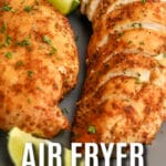 Air Fryer Southwest Chicken on a plate garnished with lime wedges with writing
