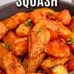 a bowl of air fryer butternut squash with text