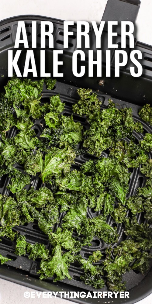 Kale Chips in an Air Fryer Basket with writing