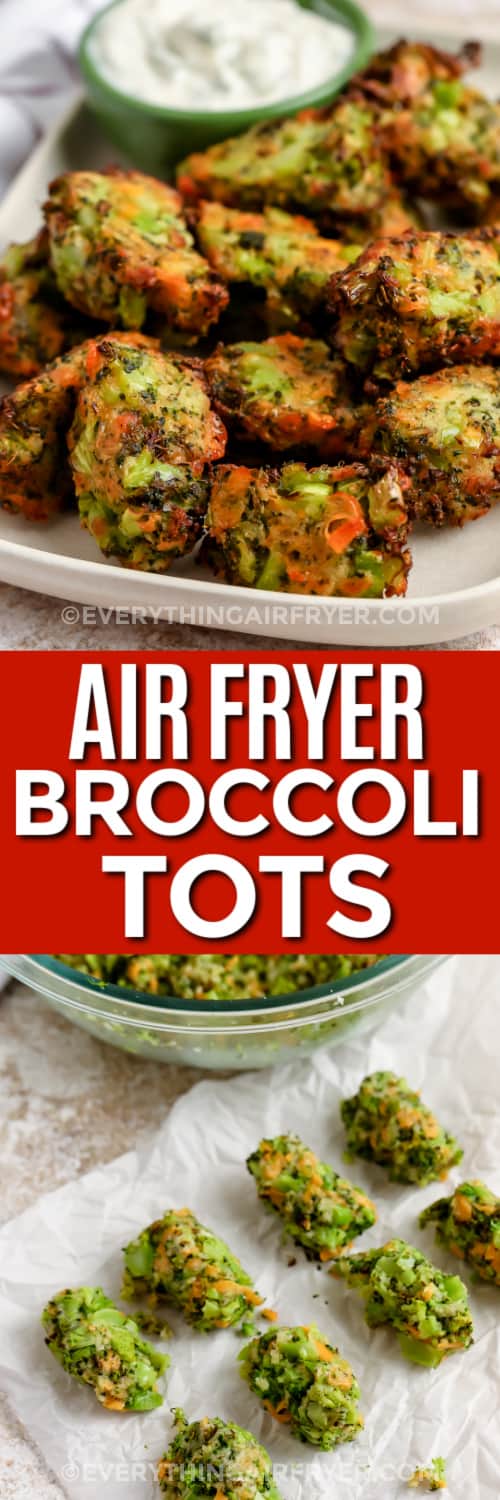 cooked and uncooked broccoli tots with text