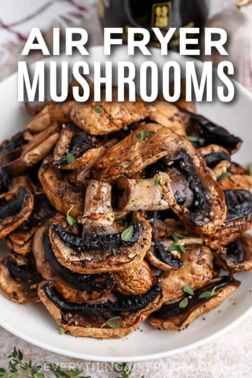 cooked mushrooms on a plate with text