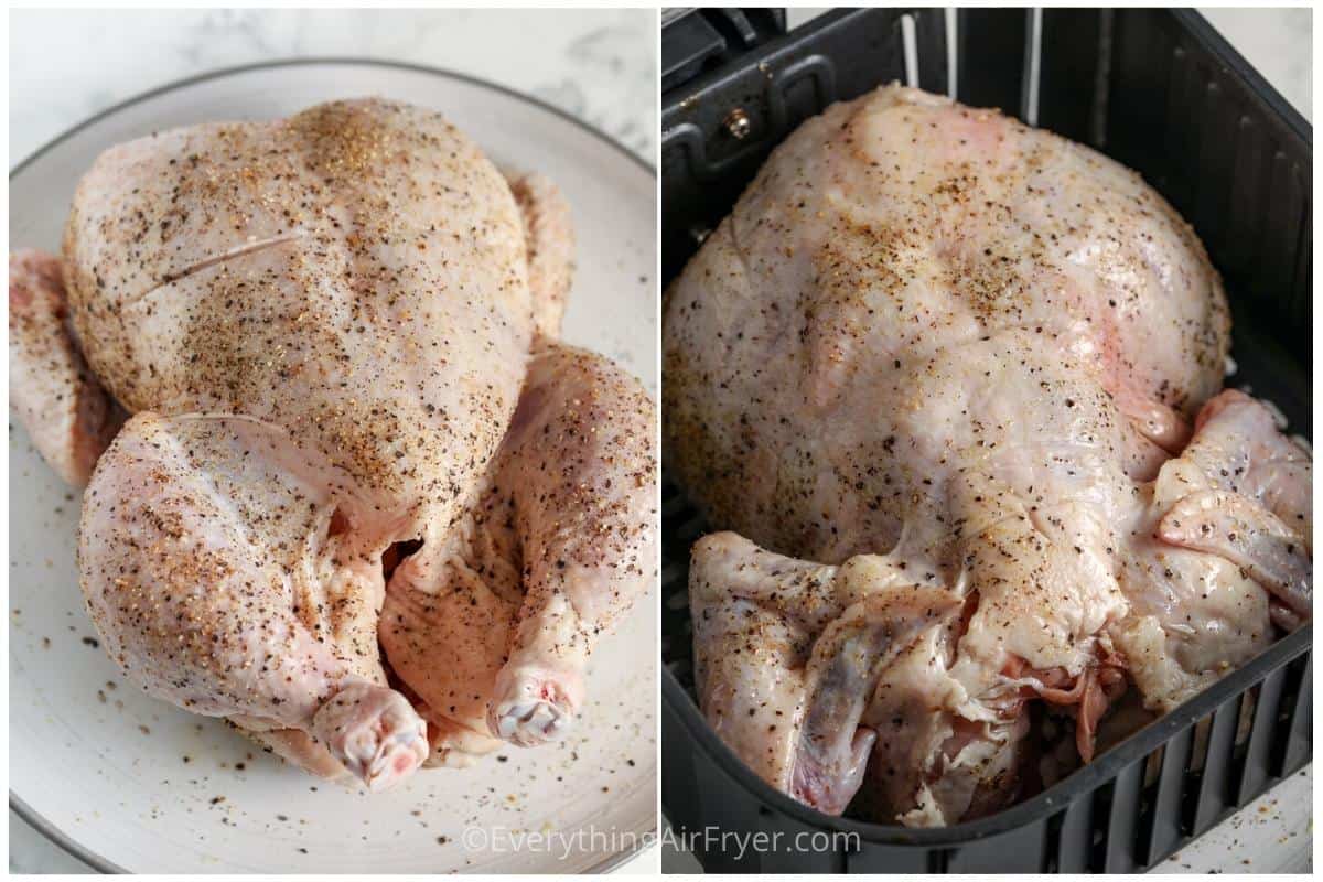 process of adding chicken to air fryer to make Air Fryer Whole Chicken
