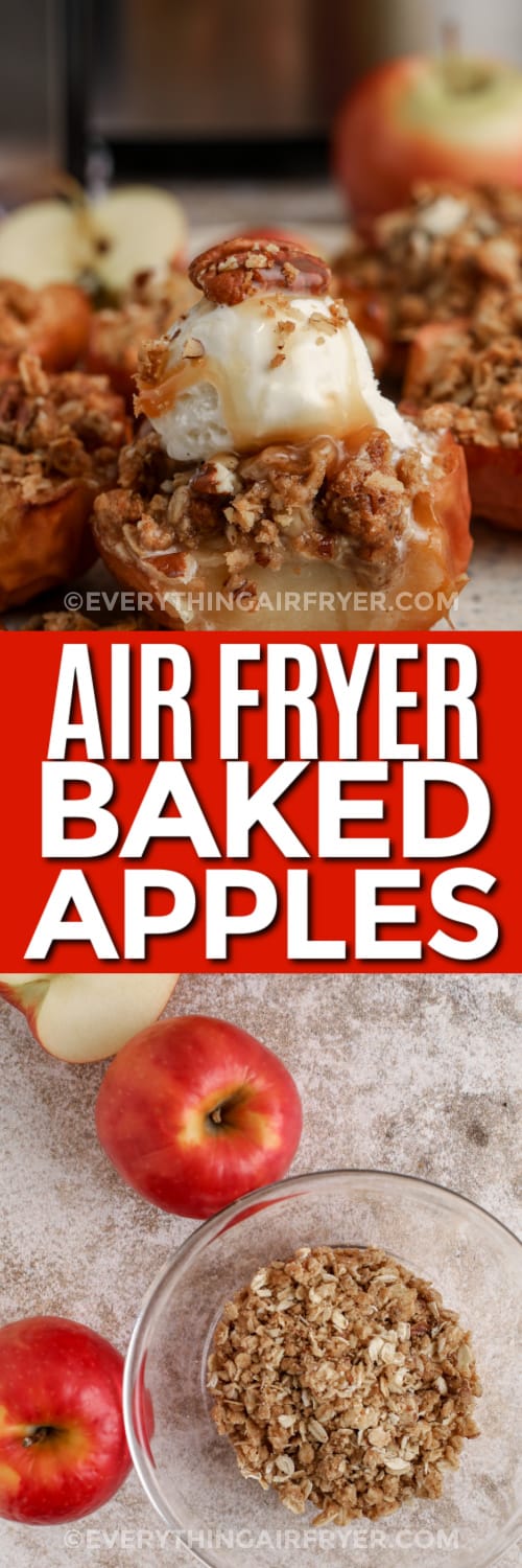 baked apples and ingredients with text