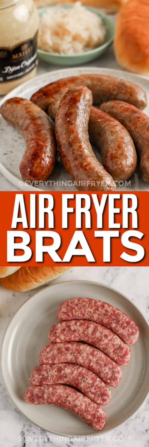 cooked brats and uncooked brats on plates with text