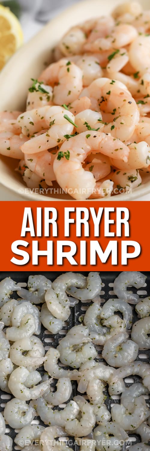 air fryer shrimp and raw shrimp in an air fryer tray