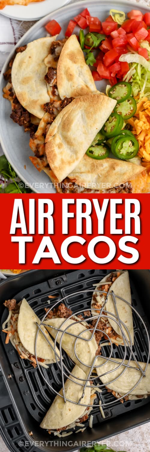 tacos on a plate and in an air fryer tray with tray