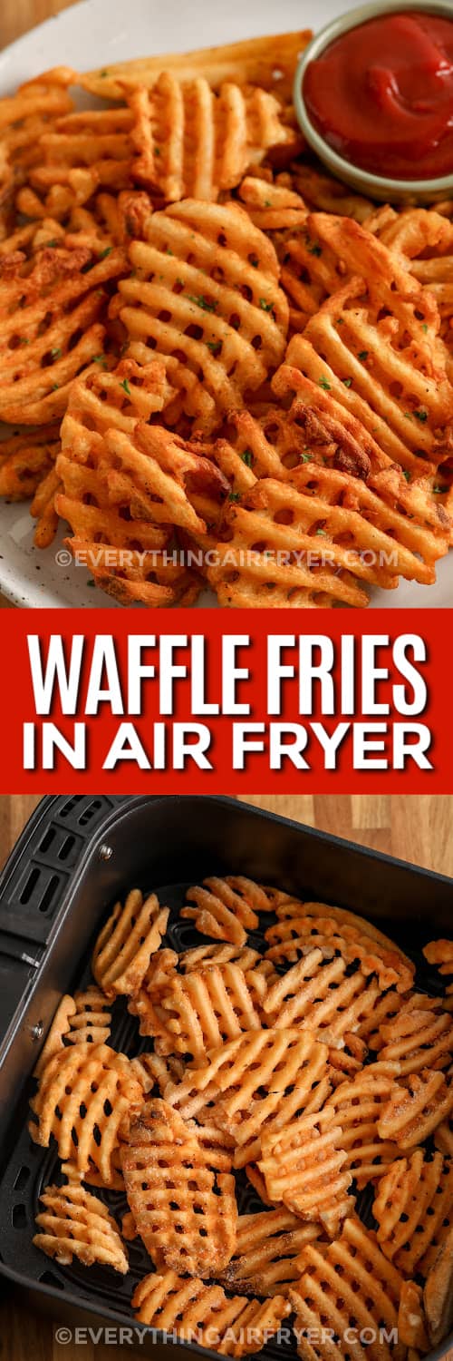 waffle fries on plate and in air fryer with text