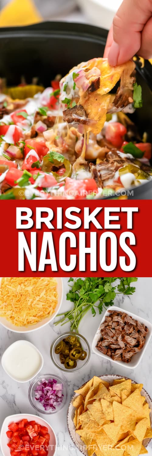 nachos in an air fryer tray and ingredients with text