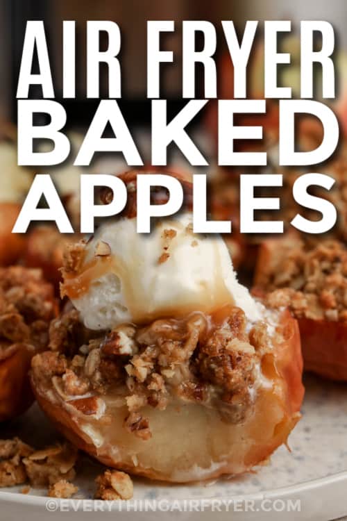 baked apples topped with ice cream with text