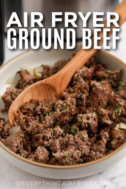 cooked ground beef in a bowl with text