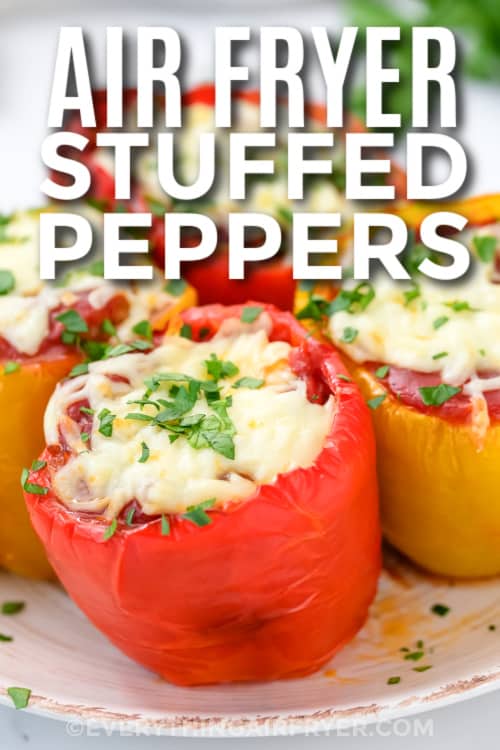 stuffed peppers on a plate with text