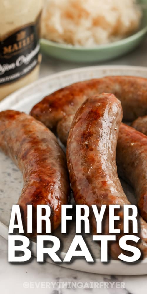 sausages on a plate with text