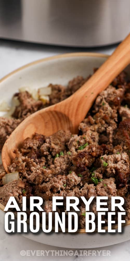 cooked ground beef with text
