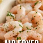 air fryer shrimp on a plate with text