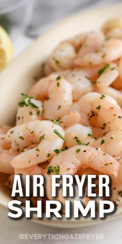 air fryer shrimp on a plate with text