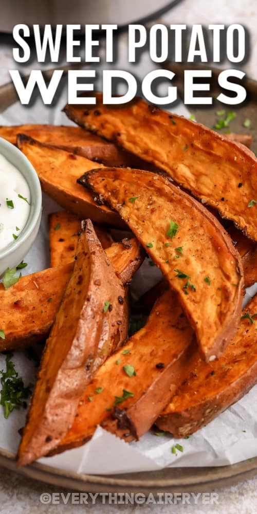 sweet potato wedges on a plate with text