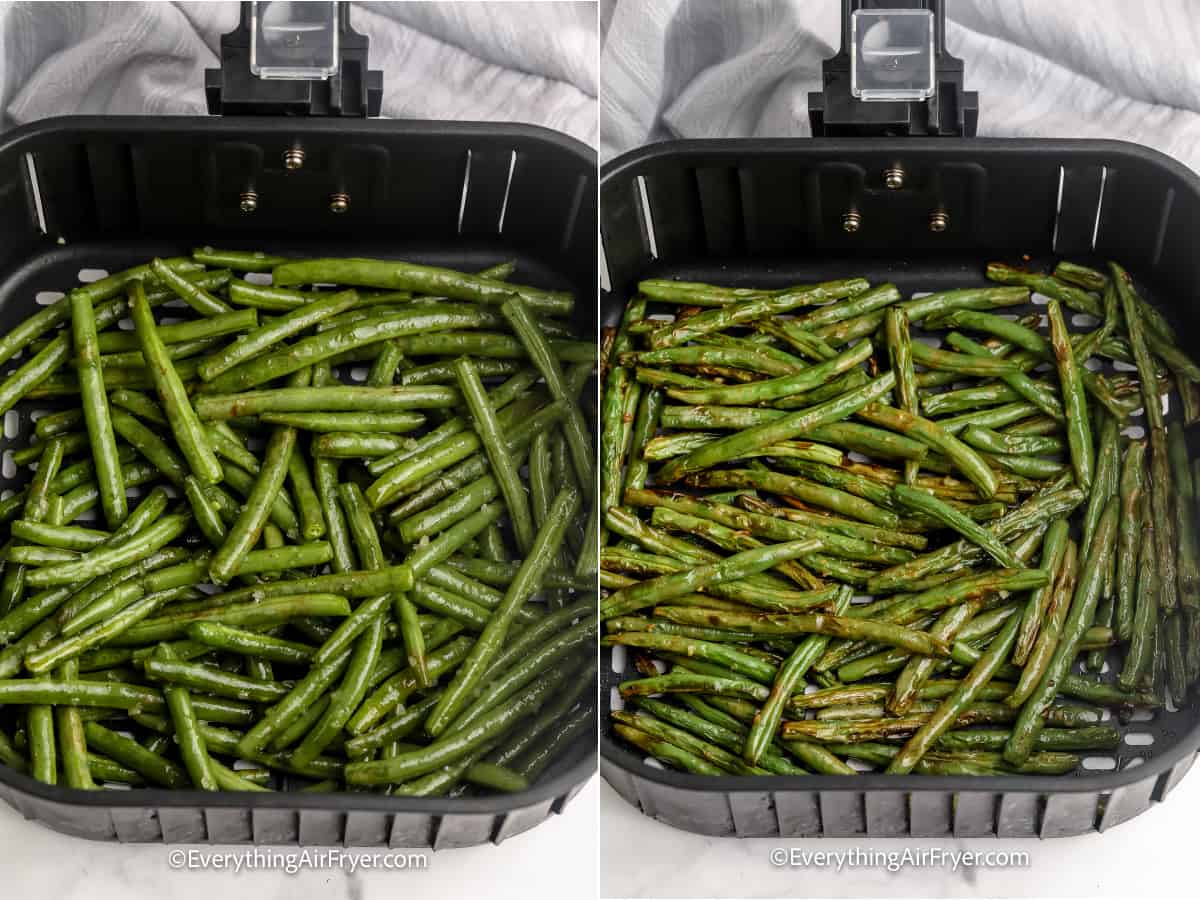 the process of cooking green beans in an air fryer tray